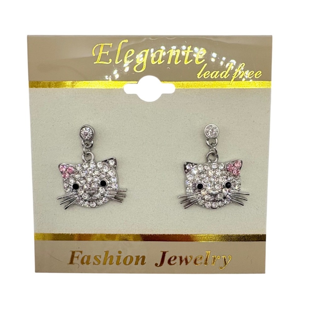 Elegante‎ Crystal Rhinestone Kitty Cat Drop Post Earrings Whimsical Pink New